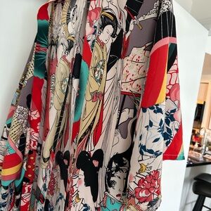 Vintage Style Japanese Art Print Kimono Robe Duster
